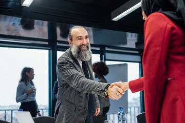 Business partners shaking hands at meeting in office