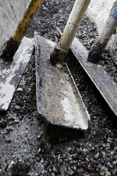 Asphalt lutes on highway construction site, close up detail