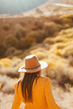 Woman walking in field landscape, Kennedy Meadows, California, US