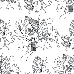 Seamless hand draw vector pattern of house, wood, plant, flower. House, clouds, trees. Line art style vector drawing. Suitable for children's room decoration, fabric, decor. Doodle style.