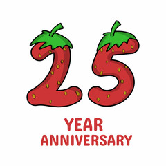 25 year anniversary celebration strawberry character vector template design illustration