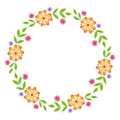 Round flower wreath with cute flowers and leaves. Vector illustration for greeting cards, posters, invitations, art prints, baby shower, wedding.