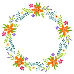Fototapeta na wymiar Round flower wreath with cute flowers and leaves. Vector illustration for greeting cards, posters, invitations, art prints, baby shower, wedding.