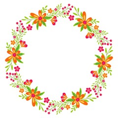 Fototapeta premium Round flower wreath with cute flowers and leaves. Vector illustration for greeting cards, posters, invitations, art prints, baby shower, wedding.