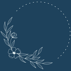 Fototapeta na wymiar Floral Wreath branch in hand drawn style. Floral round blue and beige frame of twigs, leaves and flowers. Frames for the Valentine's day, wedding decor, logo and identity template.