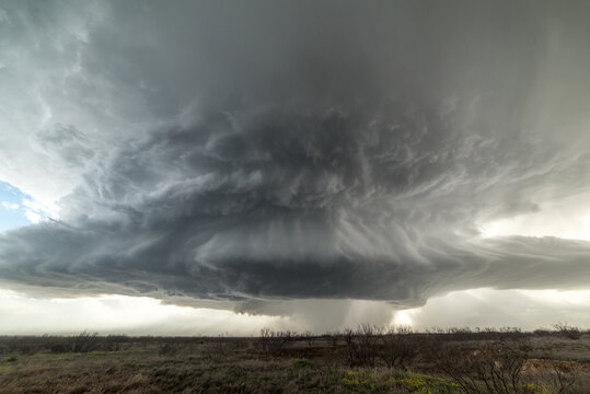 Landscape with massive supercell in the Eastern Texas panhandle, USA. Massive baseball-sized hail fell with this storm
