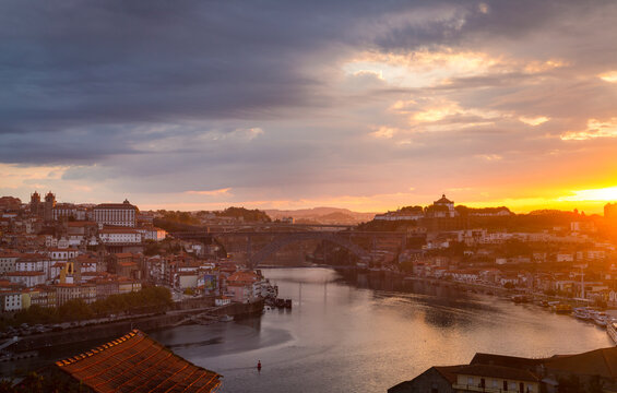 Douro River and Porto skyline at sunset, Porto, Portugal