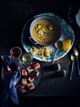 Chestnut soup with parsnip and parmesan crisps, aperitif and nibbles
