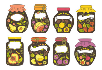 Tag or sticker jar with fruit doodle set. Label packaging jam drawing for notes, date or price. Cartoon juice peach plum, apricot apple. Frame product farmer market collection. Vector illustration