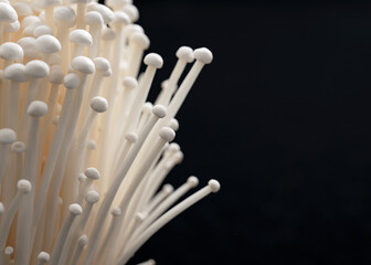 Close-up of Enoki mushrooms on black background