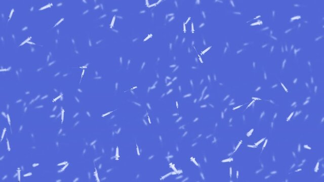 Flying many syringes for injection on blue background. Medical concept. Vaccine against the virus. Healthcare therapy. 3D loop animation.