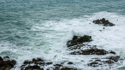 Waves crashing on rocks, Pointe du Grouin, Cancale, Brittany, France