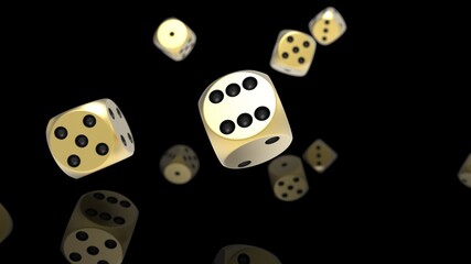 Rolling gold-black dices under white background. 3D CG. 3D illustration. 3D high quality rendering.
