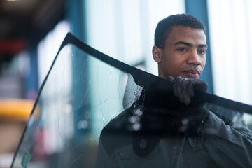 Workman fixing car windshield in workshop