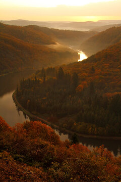 Big Loop of Saar River in autumn, Mettlach, Saar Valley, Saarland, Germany
