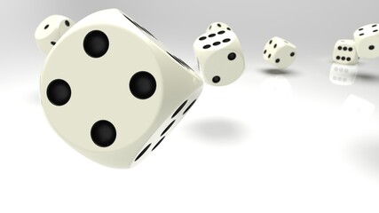 Rolling white-black dices under white background. 3D CG. 3D illustration. 3D high quality rendering.