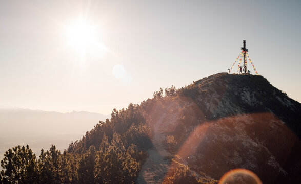 Boys enjoying view on peak, Bludenz, Vorarlberg, Austria