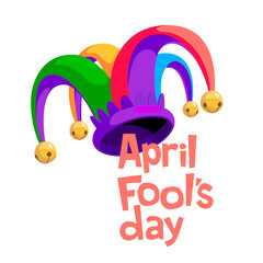 April Fool s day lettering with colorful jester hat isolated on white background