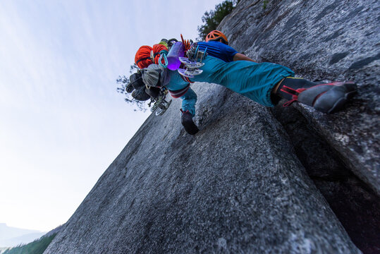 A climber traditional climbing  on granite, Tantalus Wall, Squamish 
