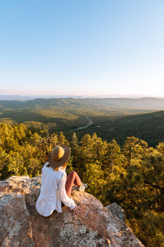  Woman enjoying sunset, Payson, Mogollon Rim, Arizona, United States