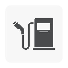 Black fuel dispenser with rectangular display, side hose and angled nozzle against white background. Service station vector for petroleum retail signage, vehicle refueling guides and supply catalogs. © DifferR