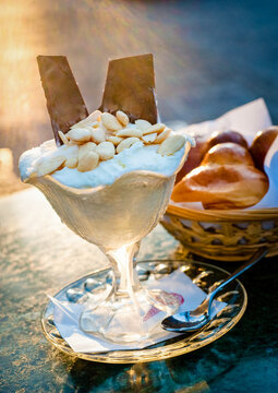 High angle close up of an ice cream with croissant in Catania, Sicily.