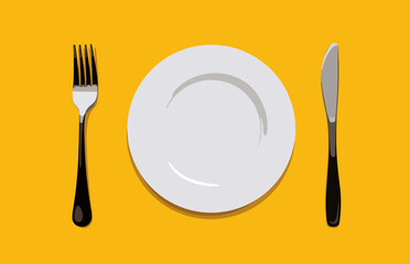 Empty dinner white plate, knife and fork on yellow background. Isolated vector objects collection. Illustration.