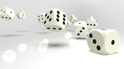 Rolling white-black dices under white background. 3D CG. 3D illustration. 3D high quality rendering.