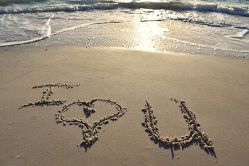 I love you written in the sand at the beach