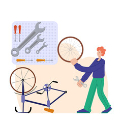 Bicycle repair. A man repairs a bicycle. The mechanic repairs the bicycle, the mechanic inflates the wheels. Web graphics, banners, advertisements, business templates.