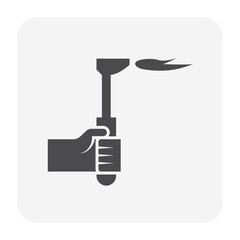 Cutting torch or welding torch vector icon. Also called blowtorch or gas torch. Tool consist of nozzle, hose, stop valve, flame, hand worker or welder for Oxy-fuel welding and burning in metal work.