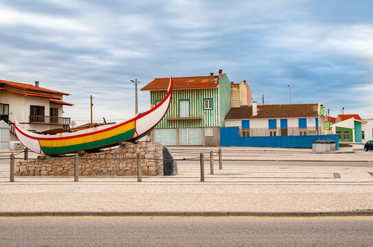 Traditional colourful Portuguese fishing boat, Vieira de Leiria, Marinha Grande, Portugal  