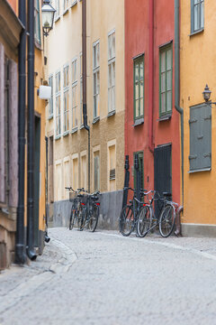 View along an empty Gamla Stan, Stockholm, Sweden during the Corona virus crisis.