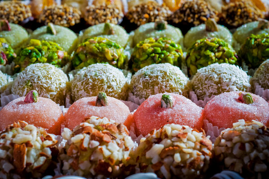 High angle close up of a selection of almond sweets in Palermo, Sicily.