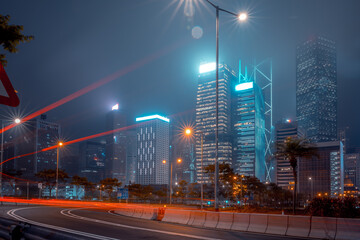 Fototapeta na wymiar Modern office buildings in Hong Kong at foggy night