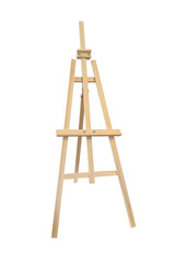 Isolated easel on a white background. Art canvas holder made of light wood. High quality photo