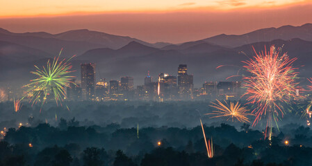 Independence Day fireworks over the City of Denver, Colorado, USA.