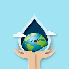 World water day.Hand holding earth in water drop.Paper art of save water for ecology and environment conservation concept design.