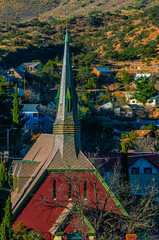 Church & courthouse steeples in Downtown Mining town of Bisbee Arizona.