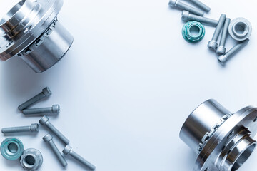 Spark plugs. Auto motor mechanic spare or automotive piece on white background. Set of new metal car part. Flat lay, top view, copy space.