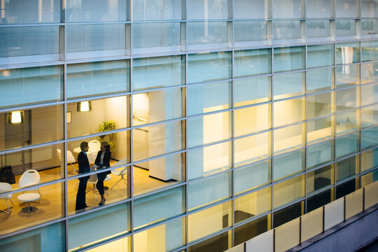 Businessman and businesswoman having discussion by window