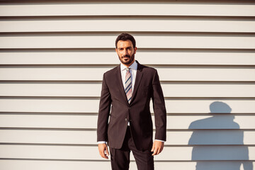 Portrait of bearded businessman wearing dark suit, looking at camera.