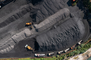 Top down aerial view of coal and trucks lined up for loading