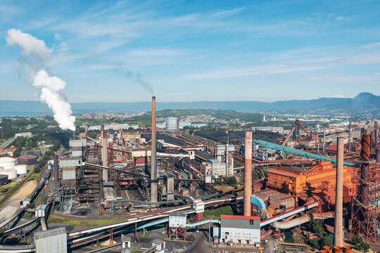 Aerial view of factories and steelworks at Port Kembla, NSW, Australia