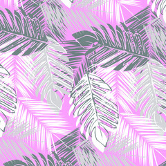 Tropical  flowers, palm leaves, vector seamless pattern. Jungle foliage illustration. Exotic plants. Summer beach floral design.