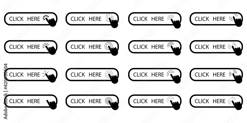 Poster click here set. vector design banner. mobile interface design. hand click icon. stock image. eps 10.