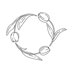 Vector hand-drawn decorative round frame of spring tulip flowers on an isolated white background. The drawing can be used for decoration, printing.