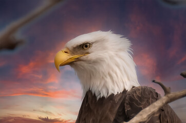 Bald Eagle head in front of a dramatic blue and red sky. Sky replaced in Photoshop.