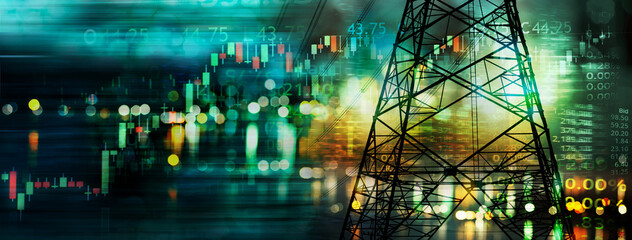 market stock graph and information with city light and electricity and energy facility industry and...