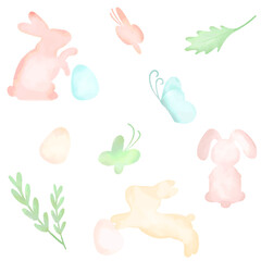 Vector - Digital watercolor painting egg, rabbit and leaves. Vintage style. Easter concept.